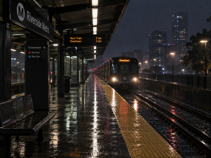 A rain-soaked metro platform at night, its lights reflected across the tracks